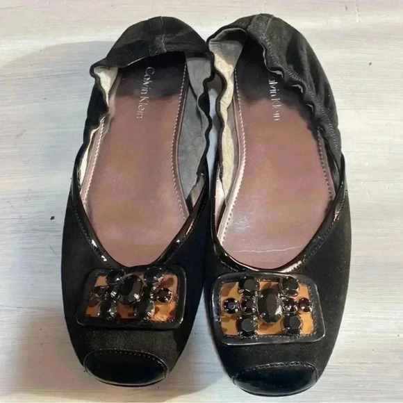 Calvin Klein black suede & leather rhinestone ballet flats shoes - Picture 1 of 12